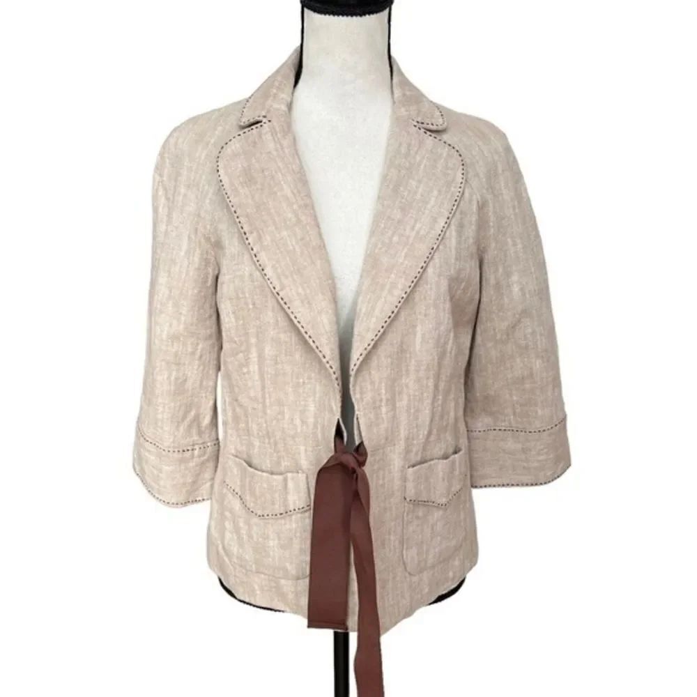 Willi Smith Women's Beige Brown Blazer Linen Blend Jacket Ribbon Drawstring Sz 6